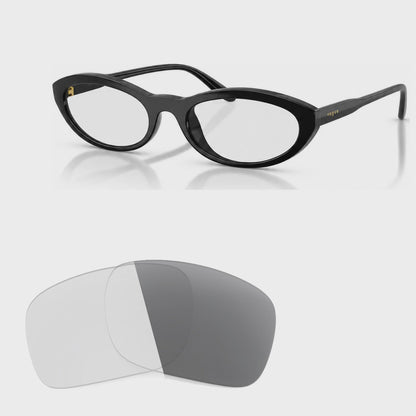 Vogue VO5697SU photochromic gray replacement lenses, angled video of the lenses darkening from clear to gray · ReFramed