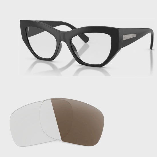 Vogue VO5607S photochromic brown replacement lenses, angled video of the lenses darkening from clear to brown · ReFramed