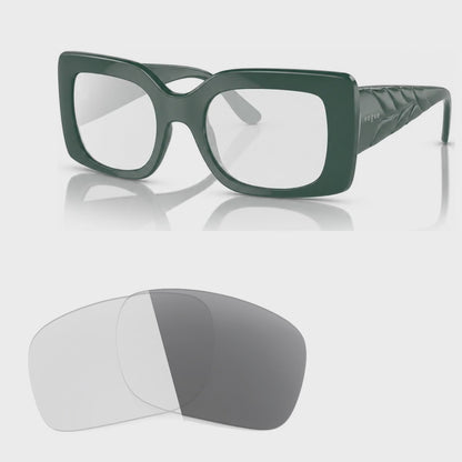 Vogue VO5481S photochromic gray replacement lenses, angled video of the lenses darkening from clear to gray · ReFramed