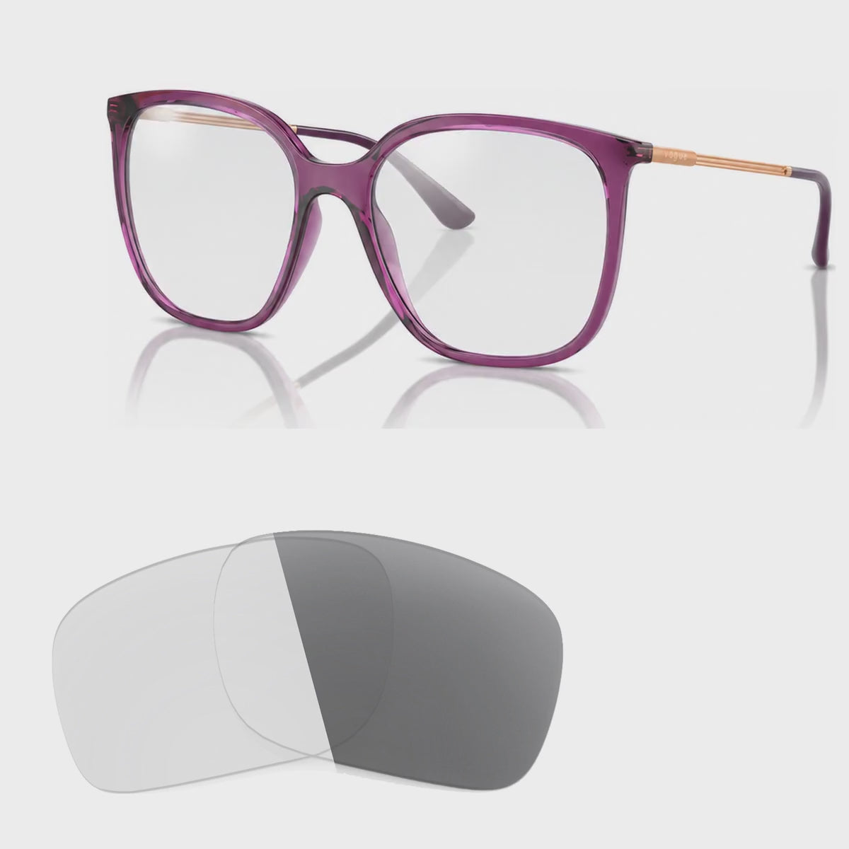 Vogue VO5564S photochromic gray replacement lenses, angled video of the lenses darkening from clear to gray · ReFramed