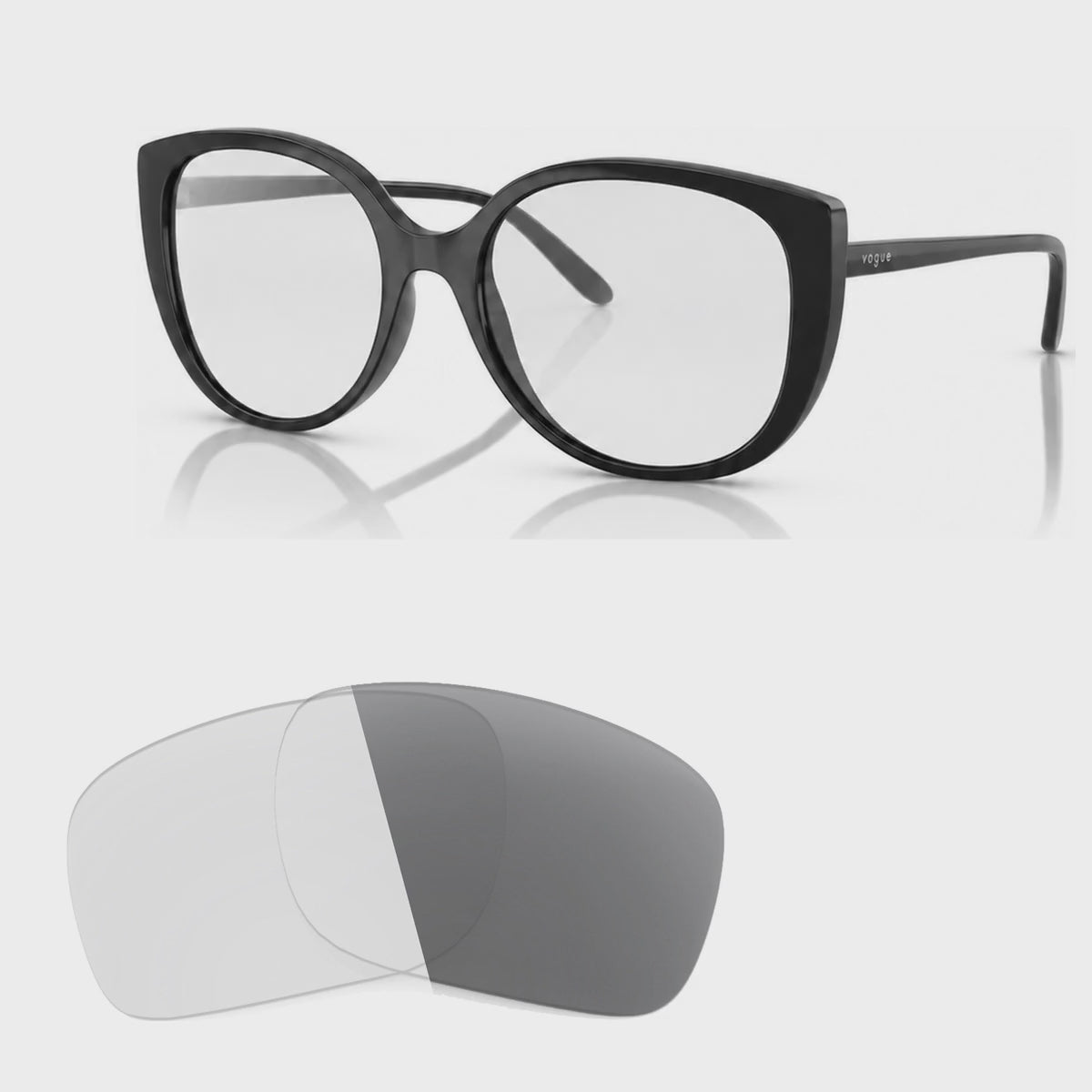 Vogue VO5623S photochromic gray replacement lenses, angled video of the lenses darkening from clear to gray · ReFramed