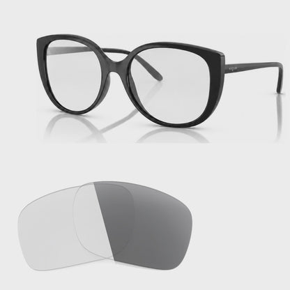 Vogue VO5623S photochromic gray replacement lenses, angled video of the lenses darkening from clear to gray · ReFramed