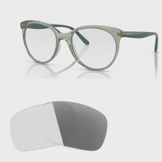 Vogue VO5453S photochromic gray replacement lenses, angled video of the lenses darkening from clear to gray · ReFramed