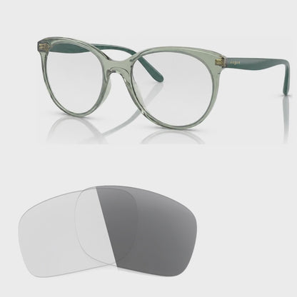 Vogue VO5453S photochromic gray replacement lenses, angled video of the lenses darkening from clear to gray · ReFramed