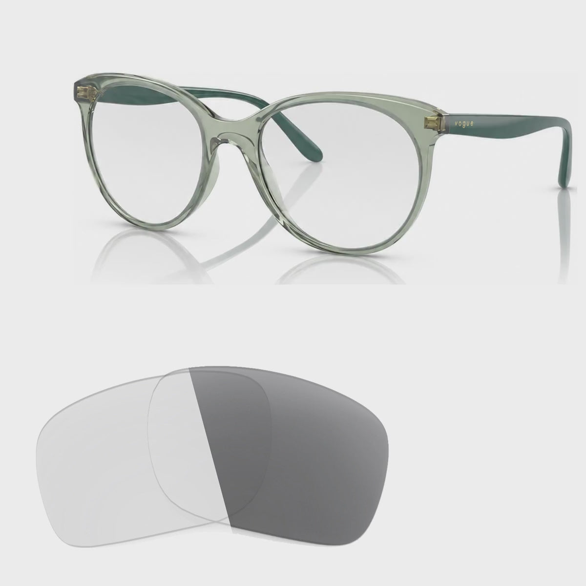 Vogue VO5453S photochromic gray replacement lenses, angled video of the lenses darkening from clear to gray · ReFramed