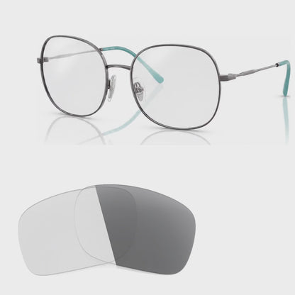 Vogue VO4272S photochromic gray replacement lenses, angled video of the lenses darkening from clear to gray · ReFramed