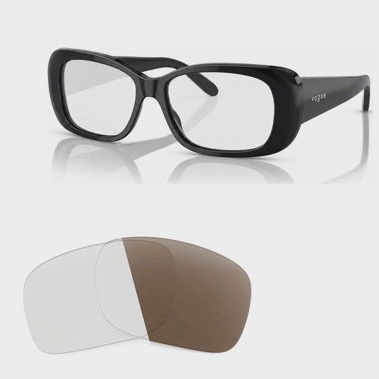 Vogue VO2606S photochromic brown replacement lenses, angled video of the lenses darkening from clear to brown · ReFramed