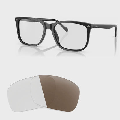 Vogue VO5618S photochromic brown replacement lenses, angled video of the lenses darkening from clear to brown · ReFramed