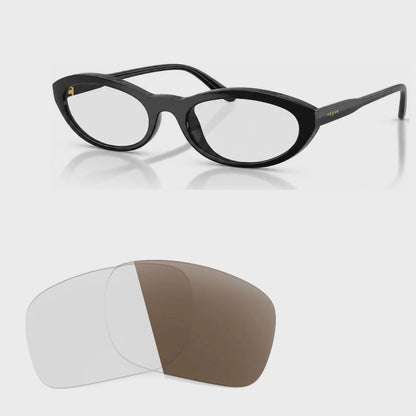 Vogue VO5697SU photochromic brown replacement lenses, angled video of the lenses darkening from clear to brown · ReFramed