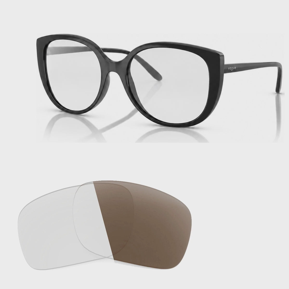 Vogue VO5623S photochromic brown replacement lenses, angled video of the lenses darkening from clear to brown · ReFramed