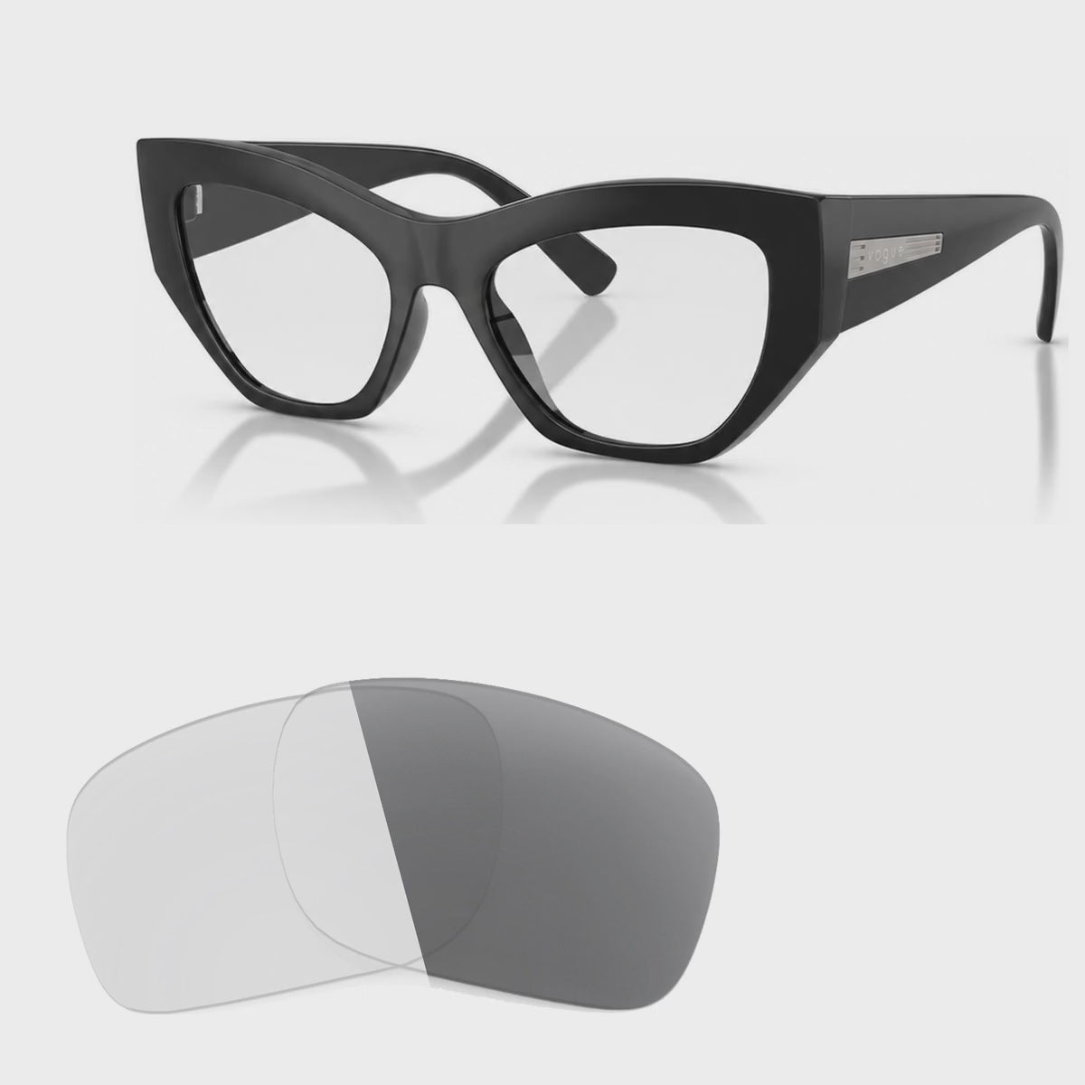 Vogue VO5607S photochromic gray replacement lenses, angled video of the lenses darkening from clear to gray · ReFramed