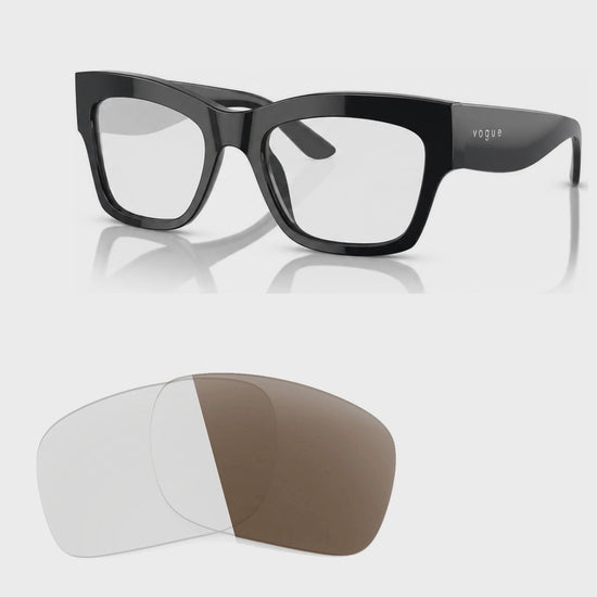 Vogue VO5524S photochromic brown replacement lenses, angled video of the lenses darkening from clear to brown · ReFramed