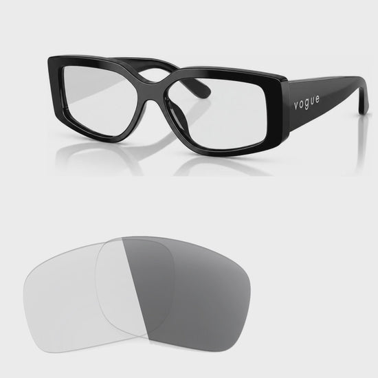 Vogue VO5642SU photochromic gray replacement lenses, angled video of the lenses darkening from clear to gray · ReFramed