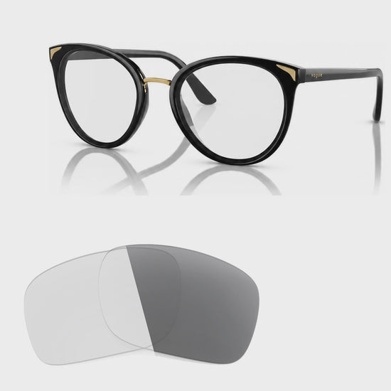 Vogue VO5230S photochromic gray replacement lenses, angled video of the lenses darkening from clear to gray · ReFramed