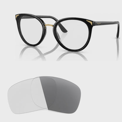 Vogue VO5230S photochromic gray replacement lenses, angled video of the lenses darkening from clear to gray · ReFramed
