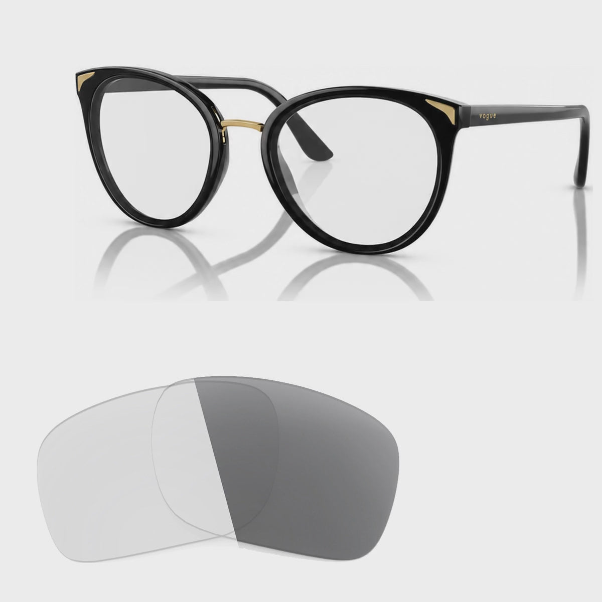 Vogue VO5230S photochromic gray replacement lenses, angled video of the lenses darkening from clear to gray · ReFramed