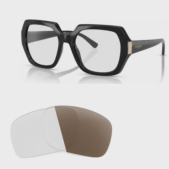 Vogue VO5612SB photochromic brown replacement lenses, angled video of the lenses darkening from clear to brown · ReFramed