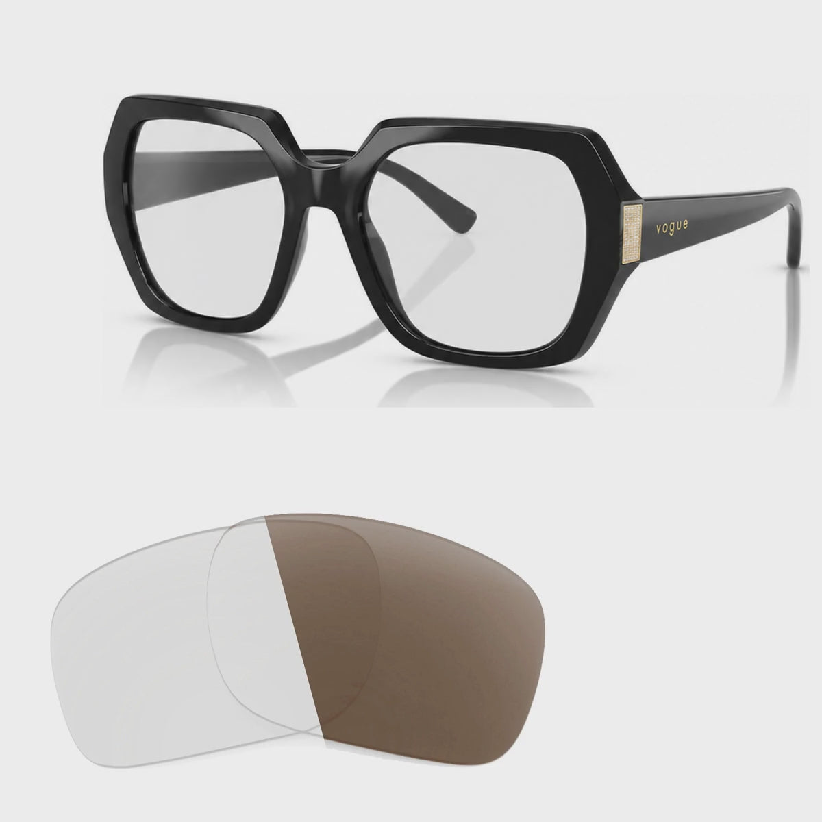 Vogue VO5612SB photochromic brown replacement lenses, angled video of the lenses darkening from clear to brown · ReFramed