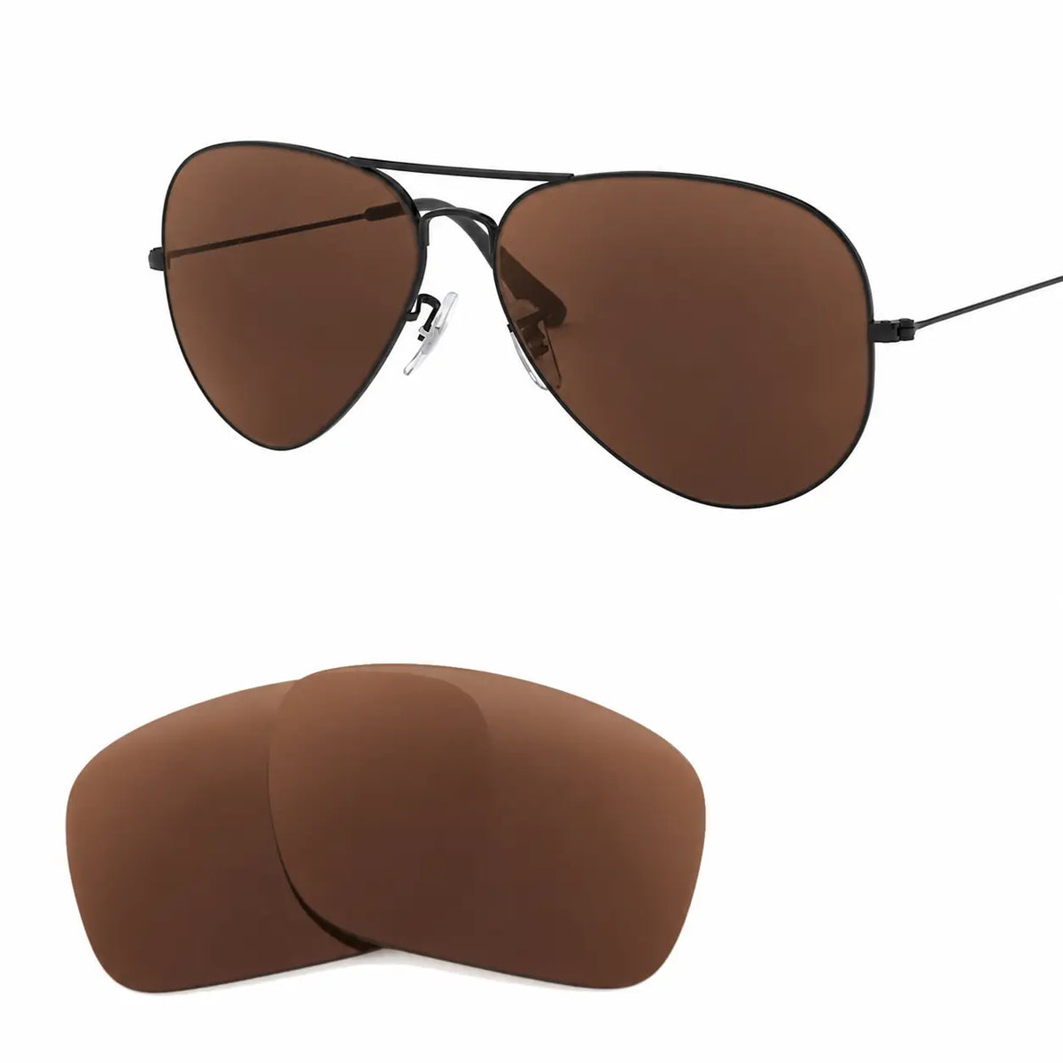 Ray-Ban Aviator Large Metal II RB3026 replacement lenses in brown, angled view of the frame with the lens pair · ReFramed