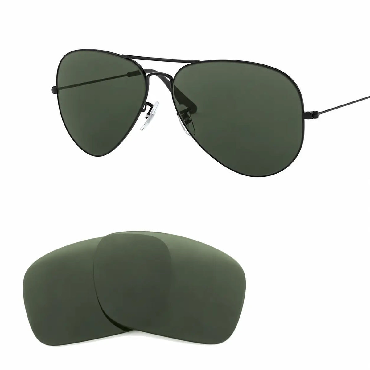 Ray-Ban Aviator Large Metal II RB3026 replacement lenses in G15 green, angled view of the frame with the lens pair · ReFramed