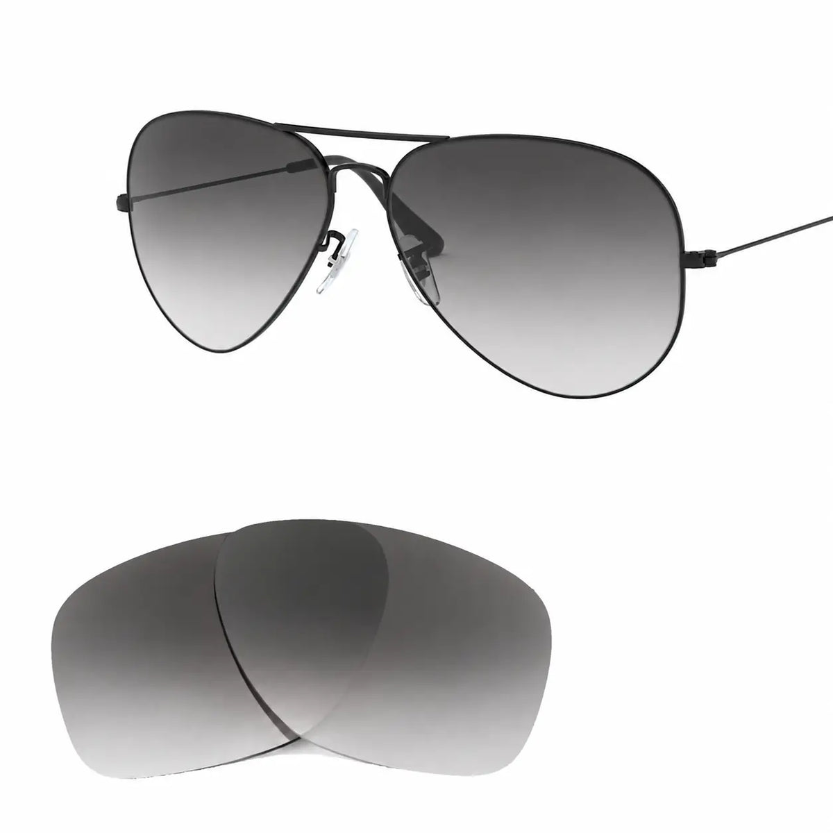 Ray-Ban Aviator Large Metal II RB3026 replacement lenses in gradient gray, angled frame view with lens pair · ReFramed