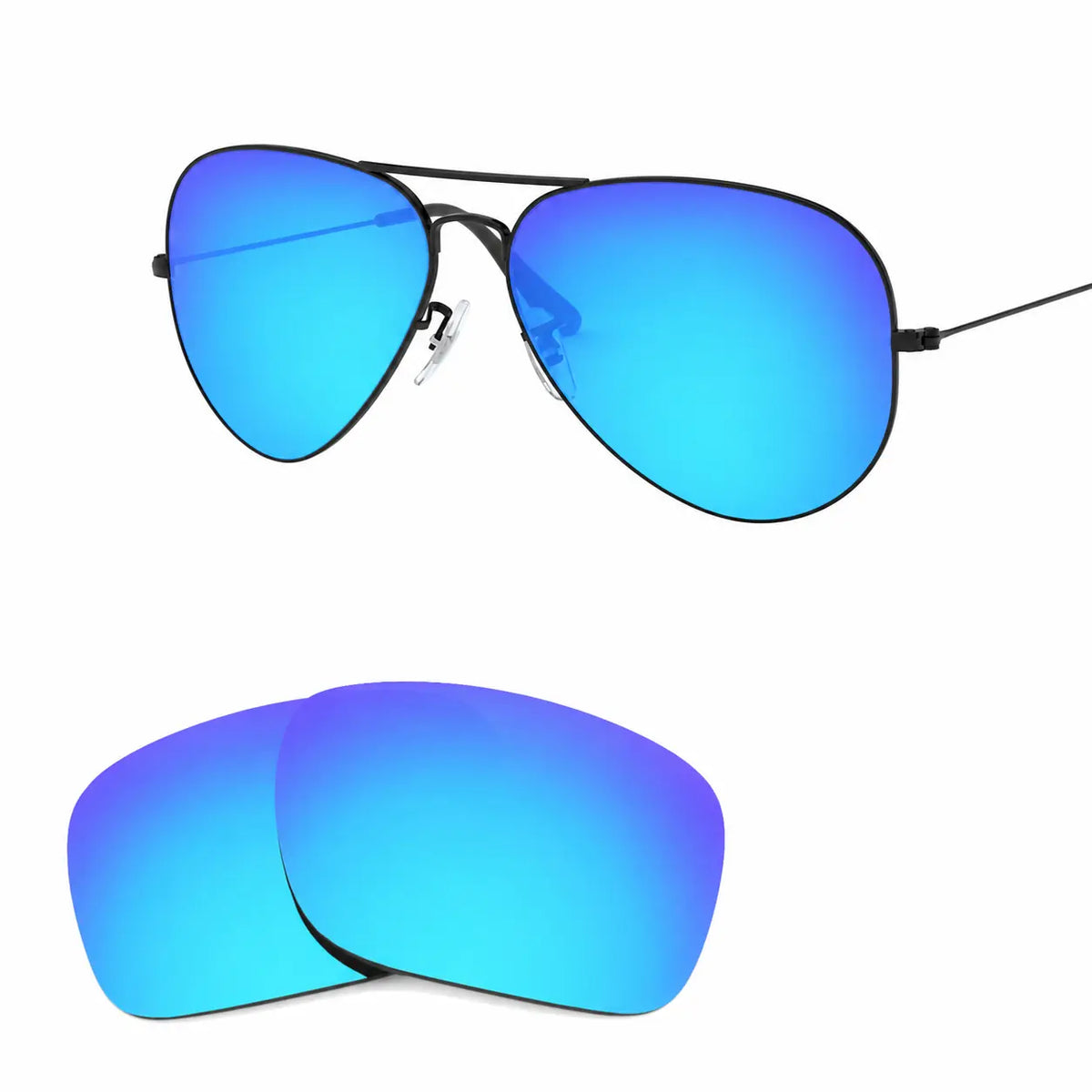 Ray-Ban Aviator Large Metal II RB3026 replacement lenses in mirrored blue, angled frame view with lens pair · ReFramed