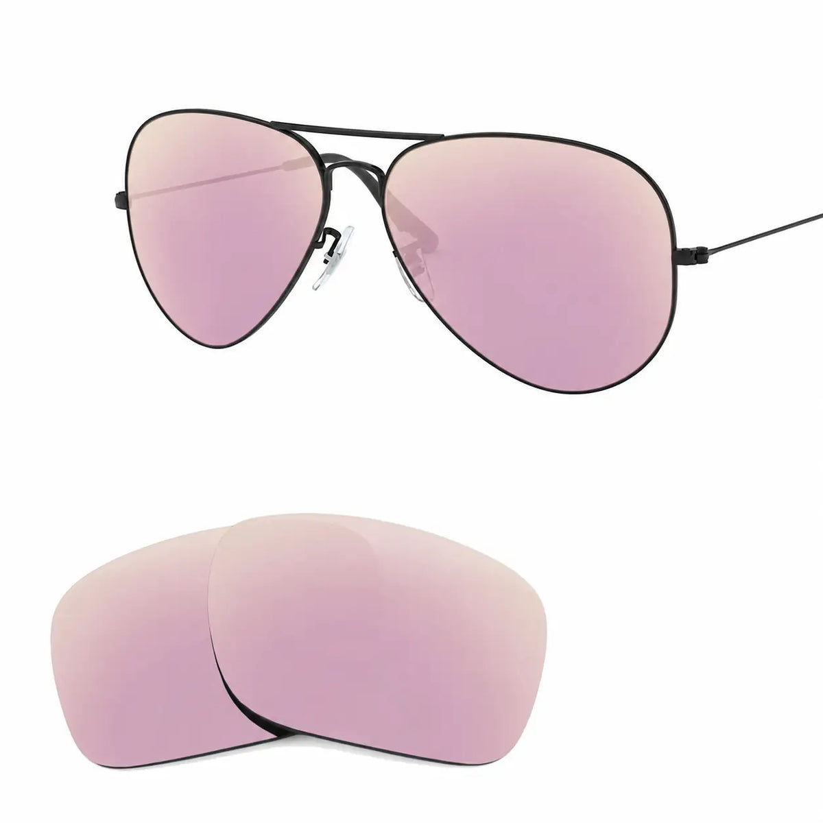 Ray-Ban Aviator Large Metal II RB3026 replacement lenses in mirrored pink, angled frame view with lens pair · ReFramed