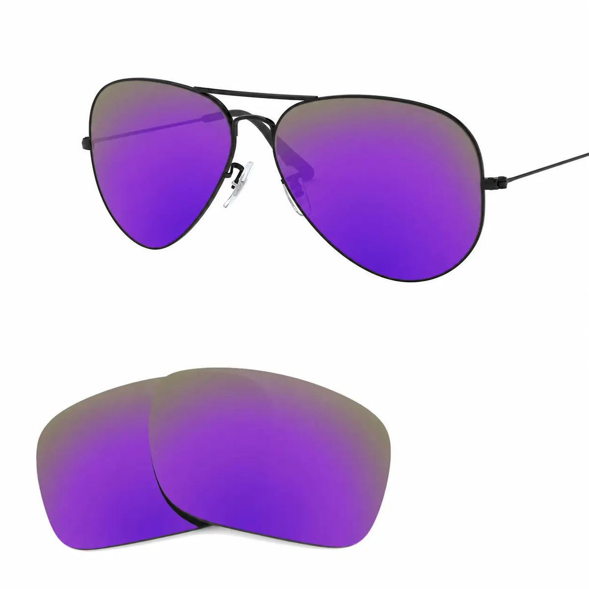 Ray-Ban Aviator Large Metal II RB3026 replacement lenses in mirrored purple, angled frame view with lens pair · ReFramed