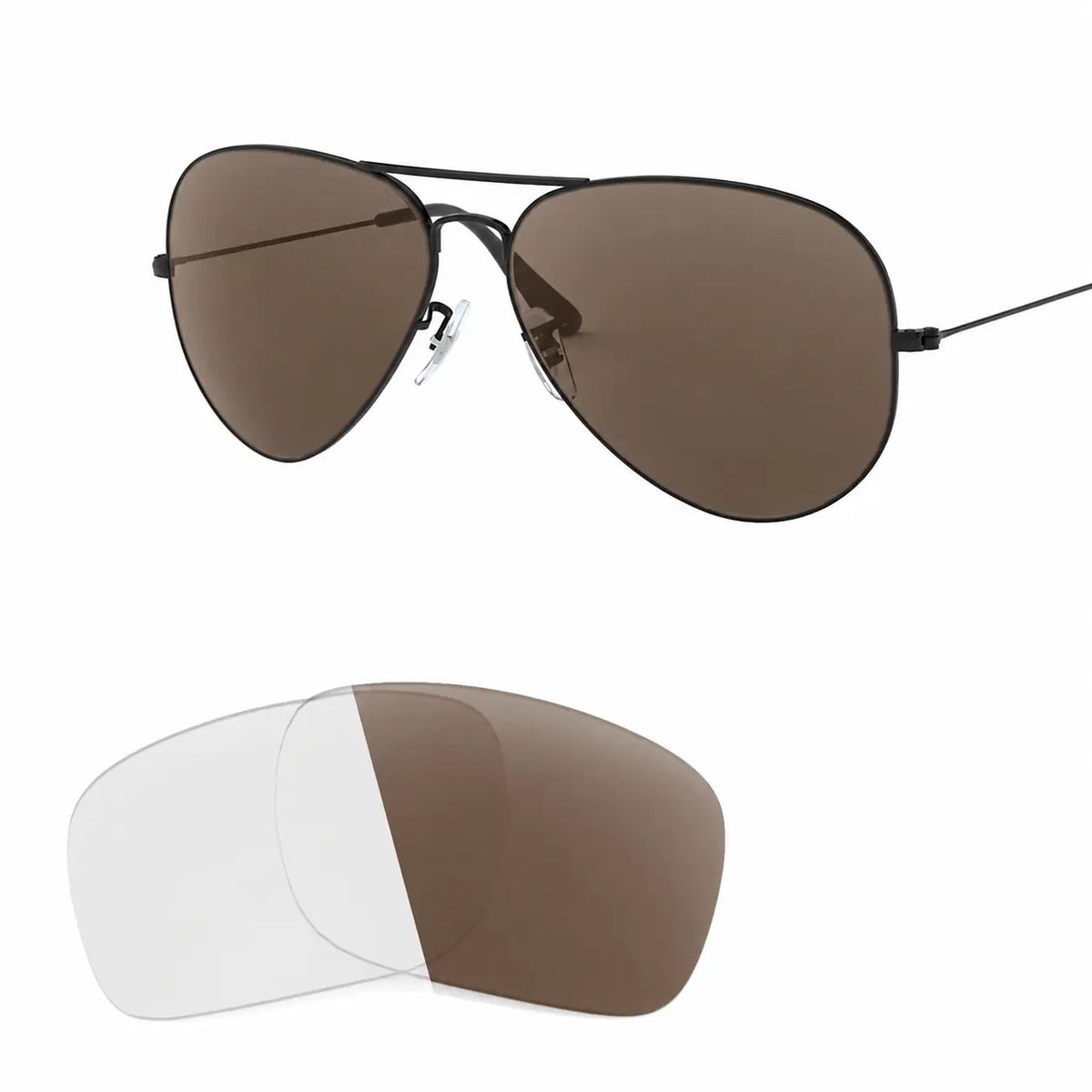 Ray-Ban Aviator Large Metal II RB3026 replacement lenses in photochromic brown, angled frame view with lens pair · ReFramed