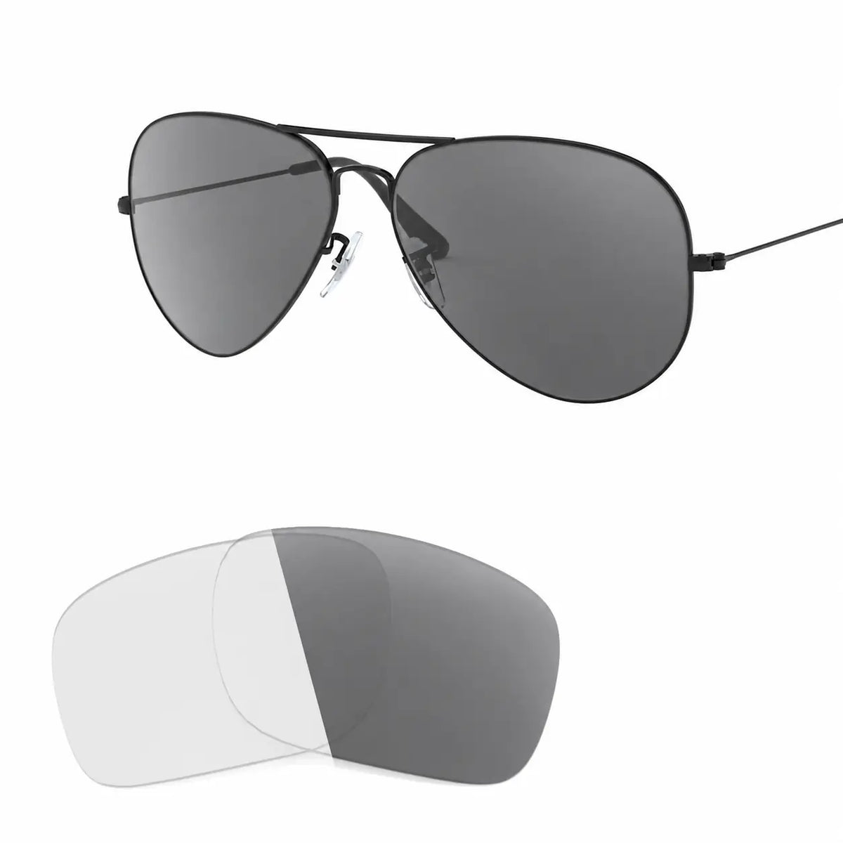 Ray-Ban Aviator Large Metal II RB3026 replacement lenses in photochromic gray, angled frame view with lens pair · ReFramed