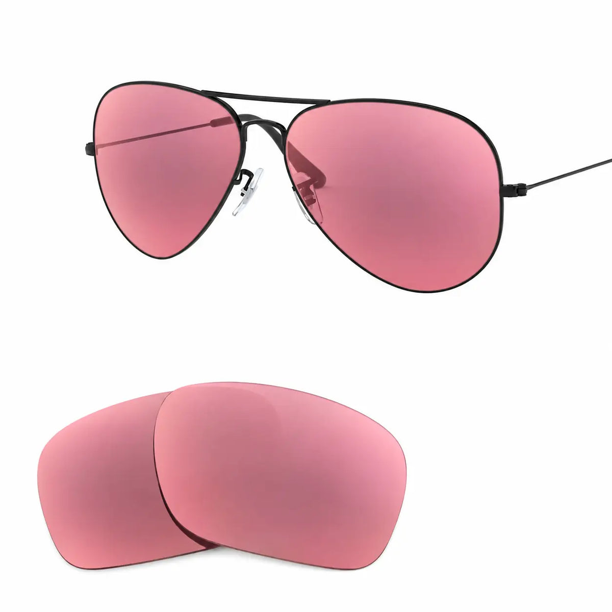 Ray-Ban Aviator Large Metal II RB3026 replacement lenses in pink, angled view of the frame with the lens pair · ReFramed