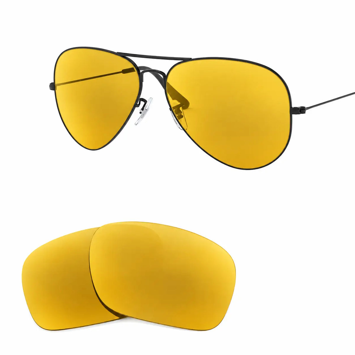Ray-Ban Aviator Large Metal II RB3026 replacement lenses in yellow, angled view of the frame with the lens pair · ReFramed