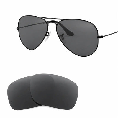 Ray-Ban Aviator RB3025 58mm replacement lenses in gray, angled view of the frame with the pair of lenses below · ReFramed