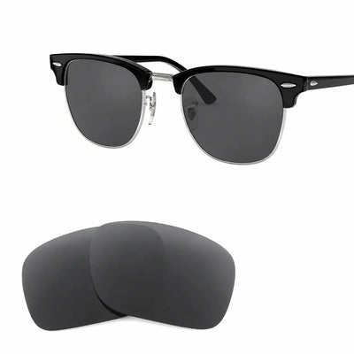 Ray-Ban Clubmaster RB3016 replacement lenses in gray, angled view of the frame with the pair of lenses below · ReFramed