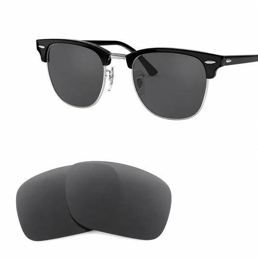 Ray-Ban Clubmaster RB3016 replacement lenses in gray, angled view of the frame with the pair of lenses below · ReFramed