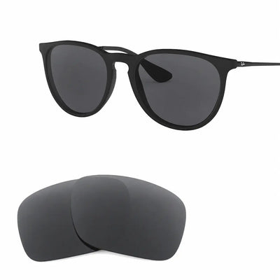 Ray-Ban Erika RB4171 replacement lenses in gray, angled view of the frame with the pair of lenses below · ReFramed