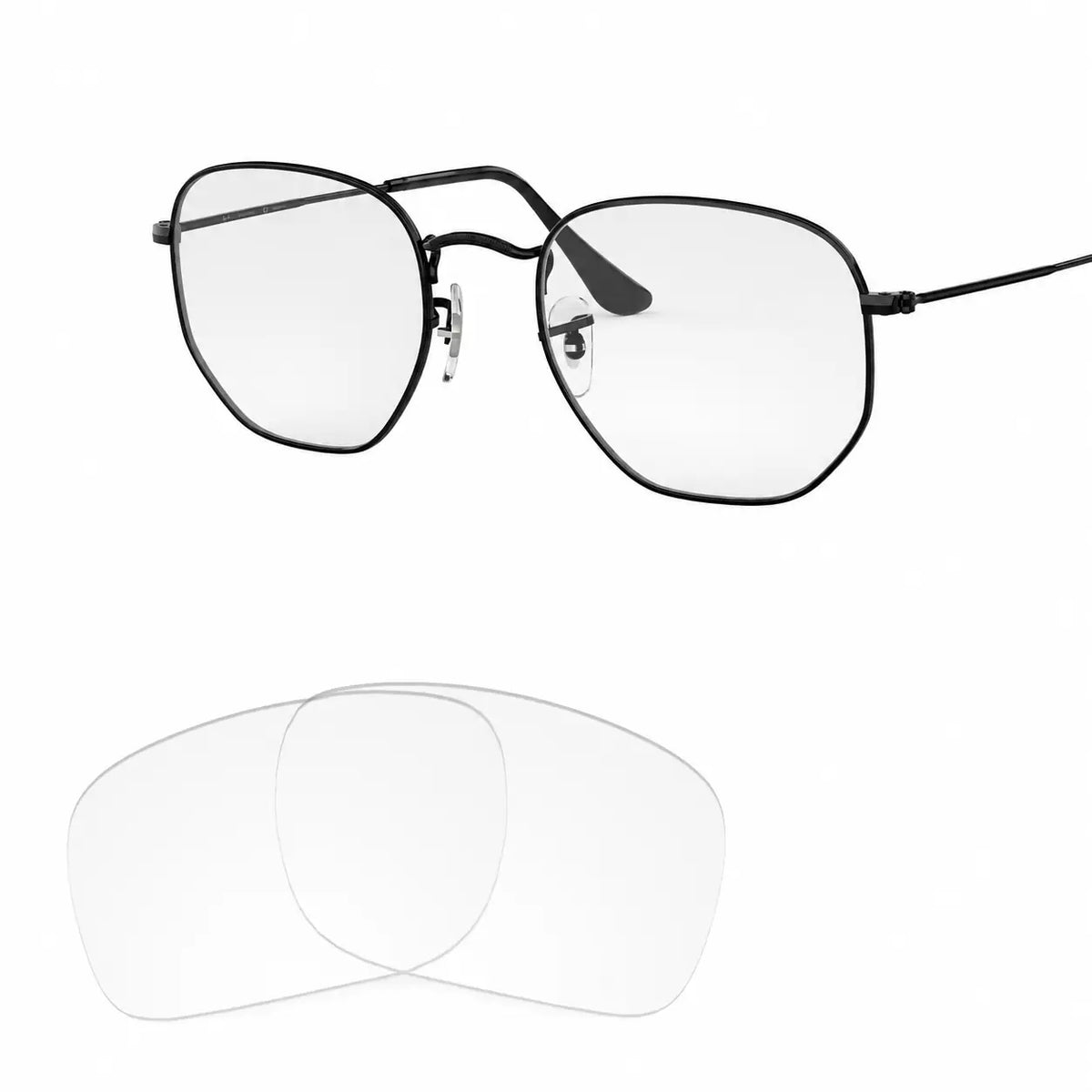 Ray-Ban Hexagonal RB3548N replacement lenses in crystal clear, angled view of the frame with the lens pair · ReFramed