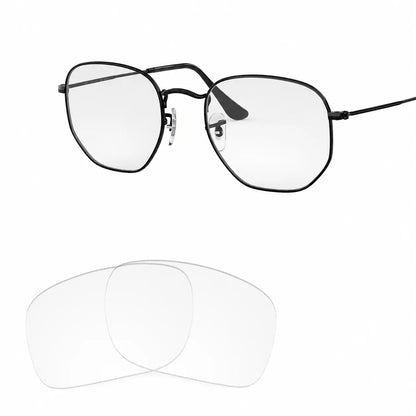 Ray-Ban Hexagonal RB3548N replacement lenses in crystal clear, angled view of the frame with the lens pair · ReFramed