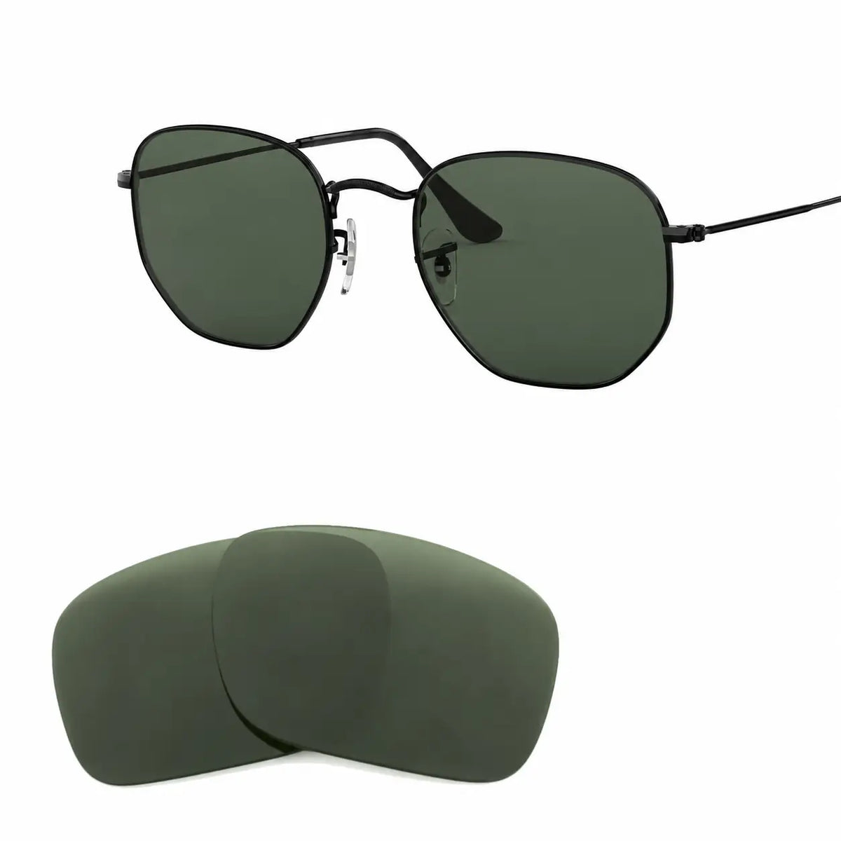 Ray-Ban Hexagonal RB3548N replacement lenses in G15 green, angled view of the frame with the pair of lenses below · ReFramed