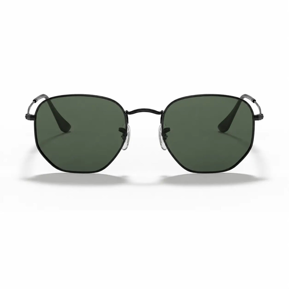Ray-Ban Hexagonal RB3548N replacement lenses in G15 green, front view of the frame fitted with the new lenses · ReFramed