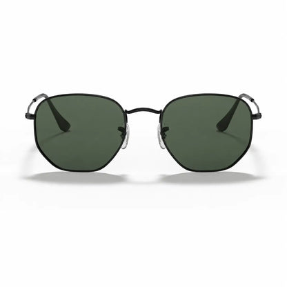Ray-Ban Hexagonal RB3548N replacement lenses in G15 green, front view of the frame fitted with the new lenses · ReFramed