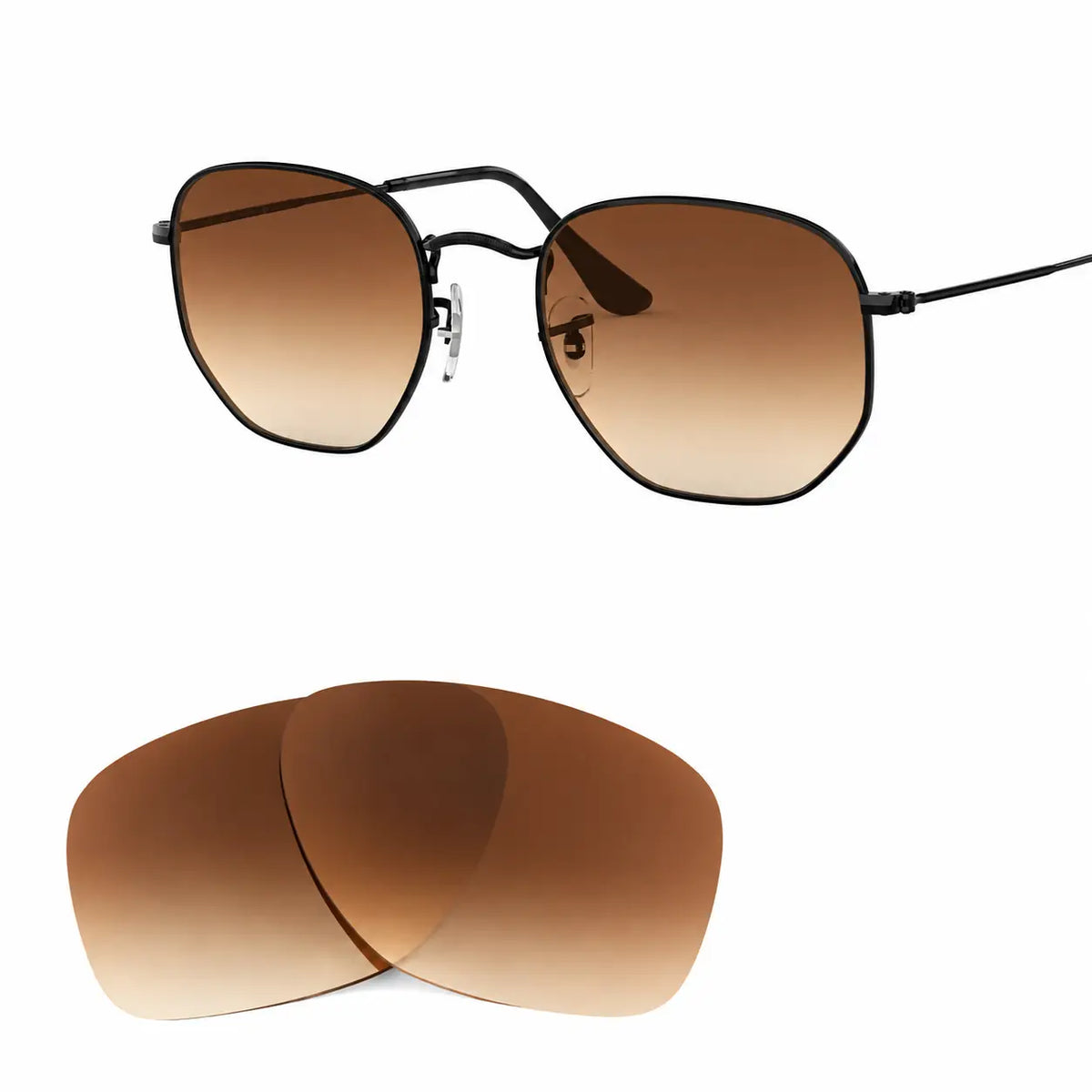 Ray-Ban Hexagonal RB3548N replacement lenses in gradient brown, angled view of the frame with the lens pair · ReFramed