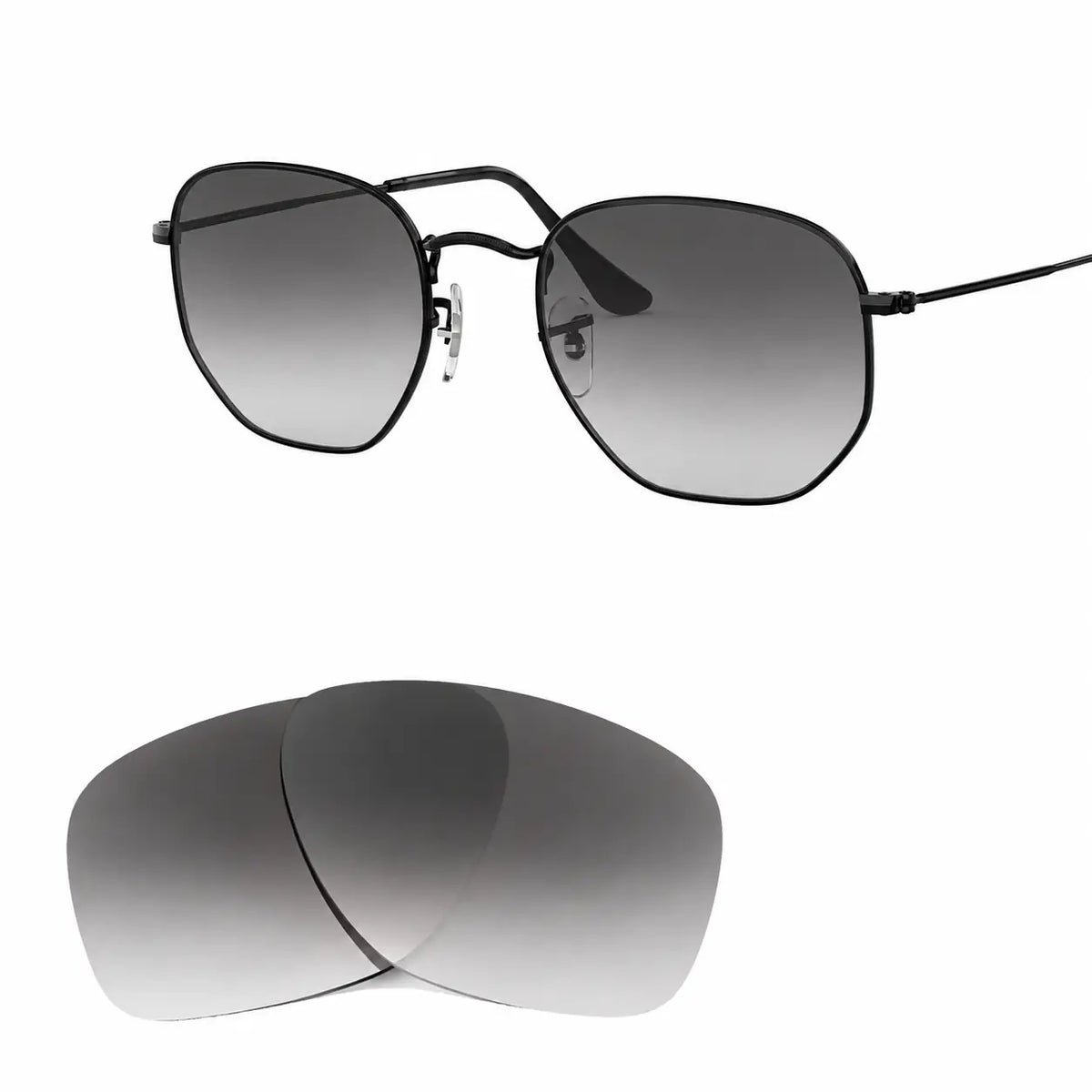 Ray-Ban Hexagonal RB3548N replacement lenses in gradient gray, angled view of the frame with the lens pair · ReFramed