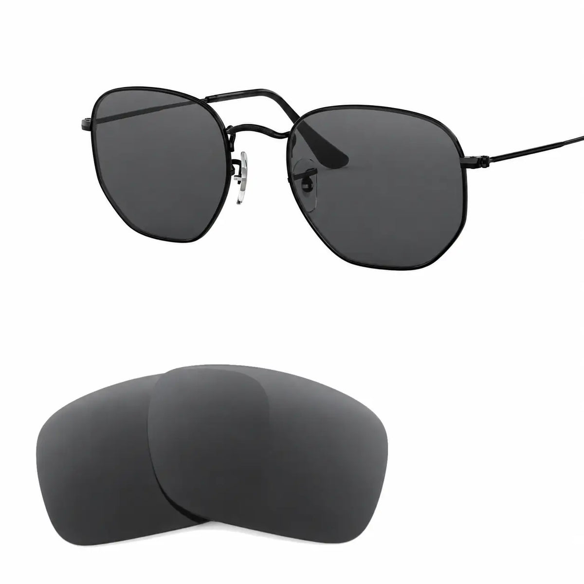 Ray-Ban Hexagonal RB3548N replacement lenses in gray, angled view of the frame with the pair of lenses below · ReFramed