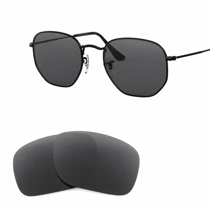 Ray-Ban Hexagonal RB3548N replacement lenses in gray, angled view of the frame with the pair of lenses below · ReFramed