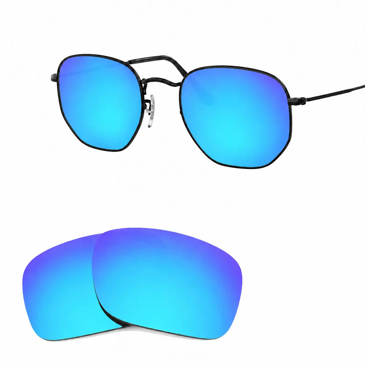 Ray-Ban Hexagonal RB3548N replacement lenses in mirrored blue, angled view of the frame with the lens pair · ReFramed