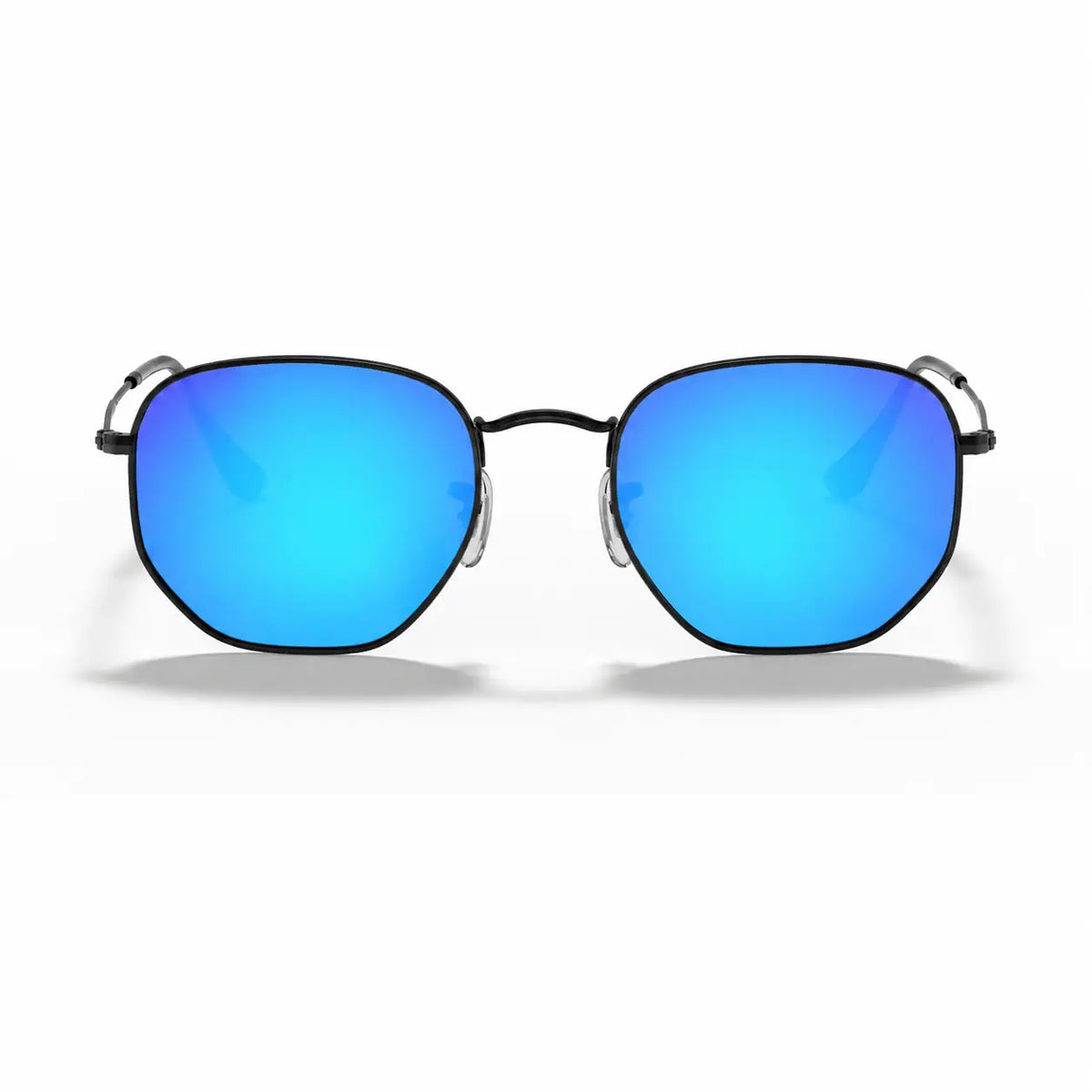 Ray-Ban Hexagonal RB3548N replacement lenses in mirrored blue, front view of the frame fitted with the new lenses · ReFramed