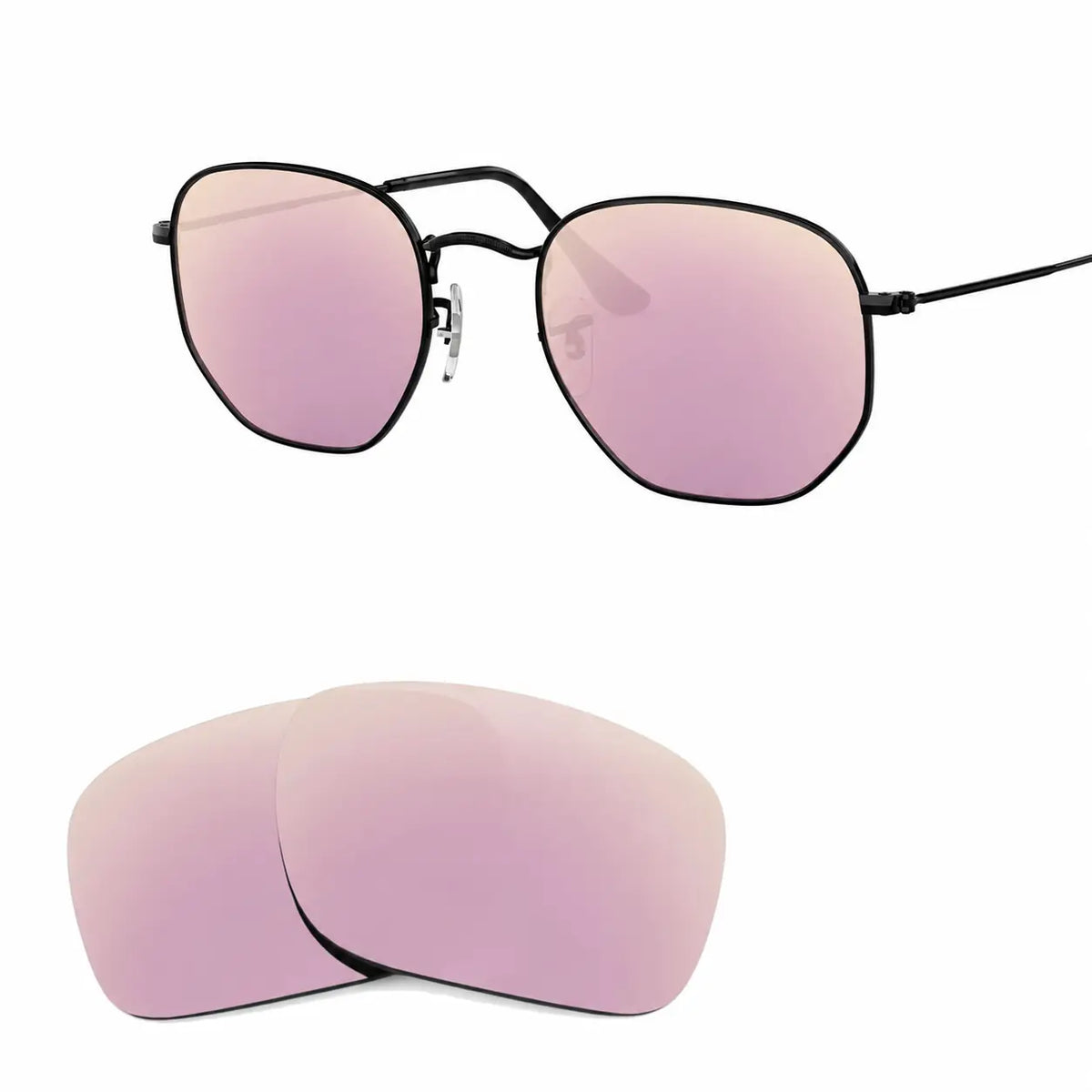 Ray-Ban Hexagonal RB3548N replacement lenses in mirrored pink, angled view of the frame with the lens pair · ReFramed