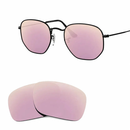 Ray-Ban Hexagonal RB3548N replacement lenses in mirrored pink, angled view of the frame with the lens pair · ReFramed