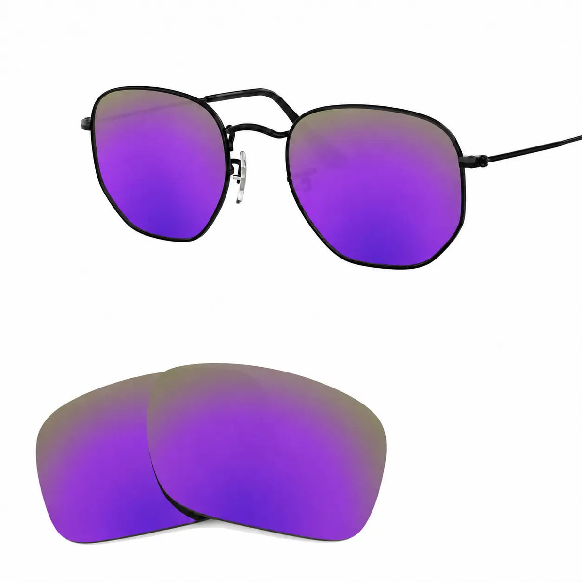 Ray-Ban Hexagonal RB3548N replacement lenses in mirrored purple, angled view of the frame with the lens pair · ReFramed